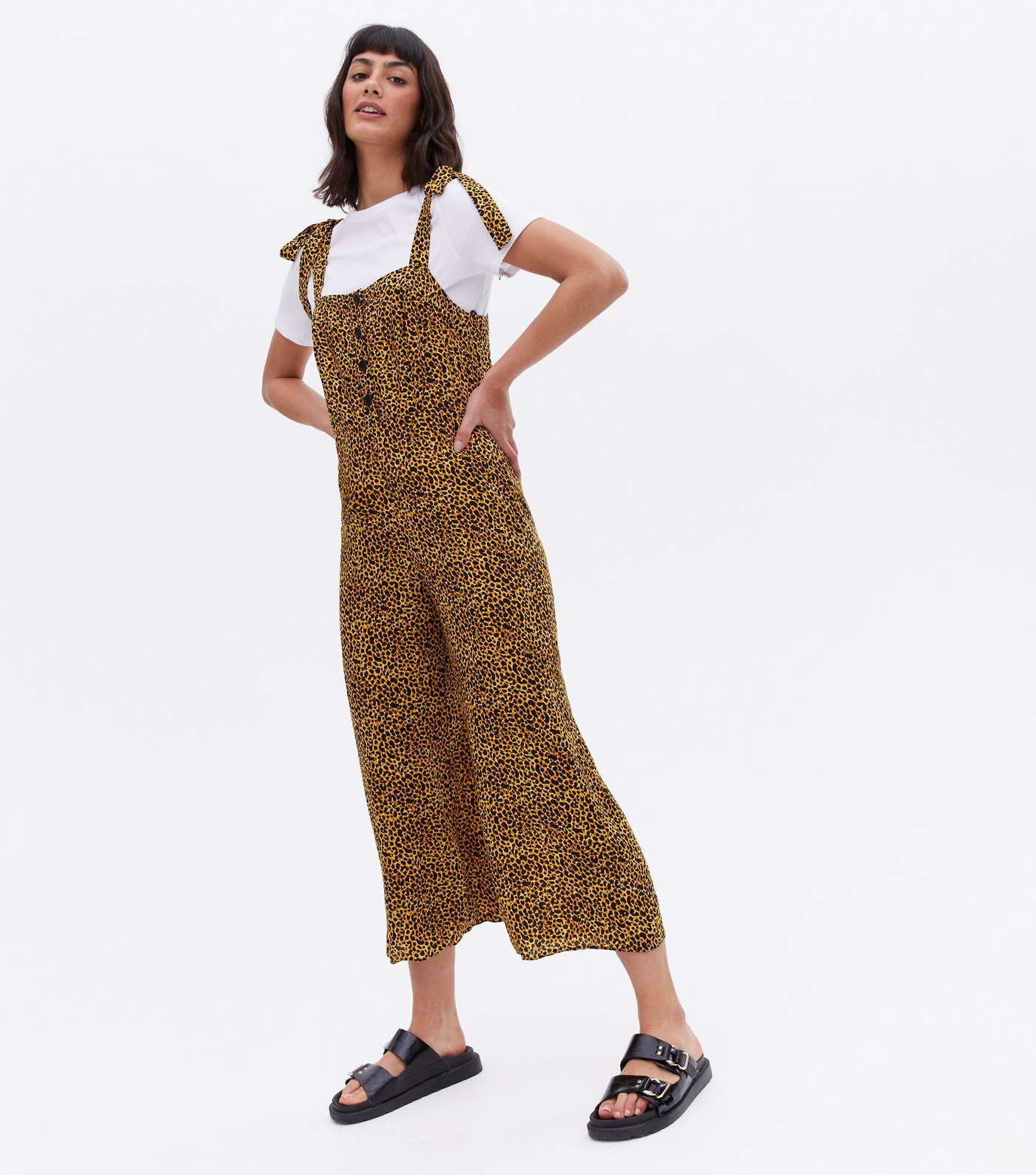 Yellow Animal Print Button Front Wide Leg Crop Jumpsuit Image 2