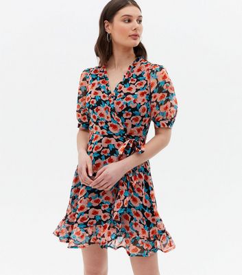 Black Floral Chiffon Mini Wrap Dress New Look