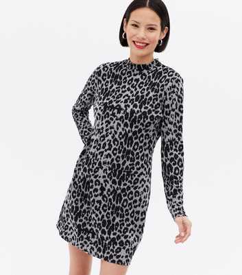 Light Grey Jacquard Leopard Print High Neck Tunic Dress