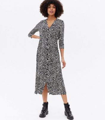 Animal Print Shirred Midi Shirt Dress 
