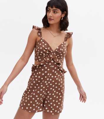 Brown Spot Frill Cut Out Side Playsuit