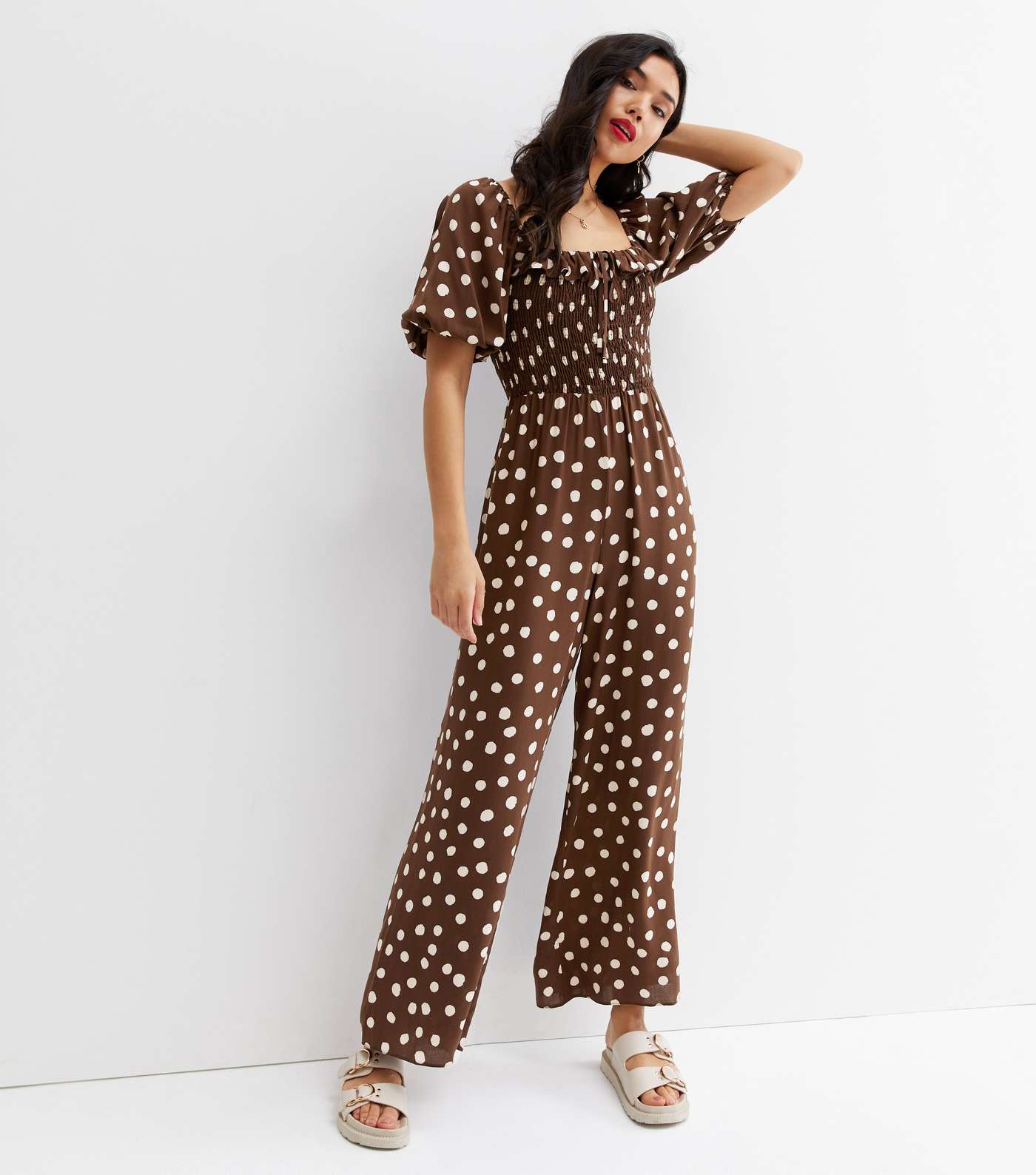 Brown Spot Shirred Frill Jumpsuit