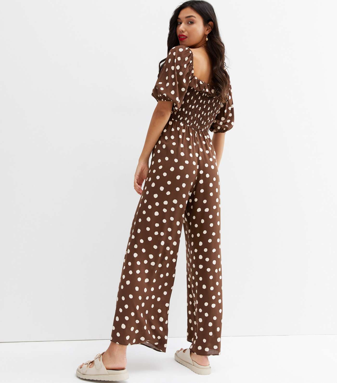Brown Spot Shirred Frill Jumpsuit Image 3