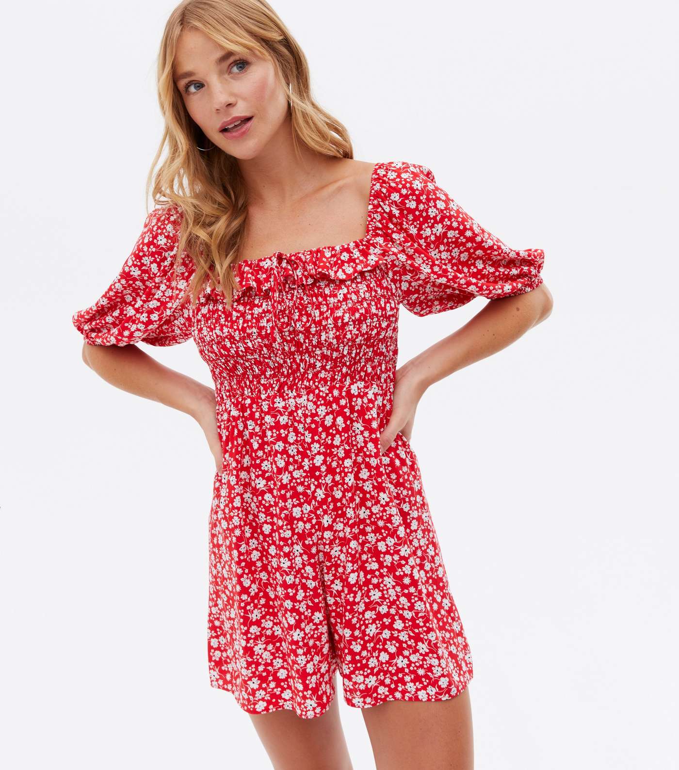 Red Ditsy Floral Shirred Frill Square Neck Playsuit