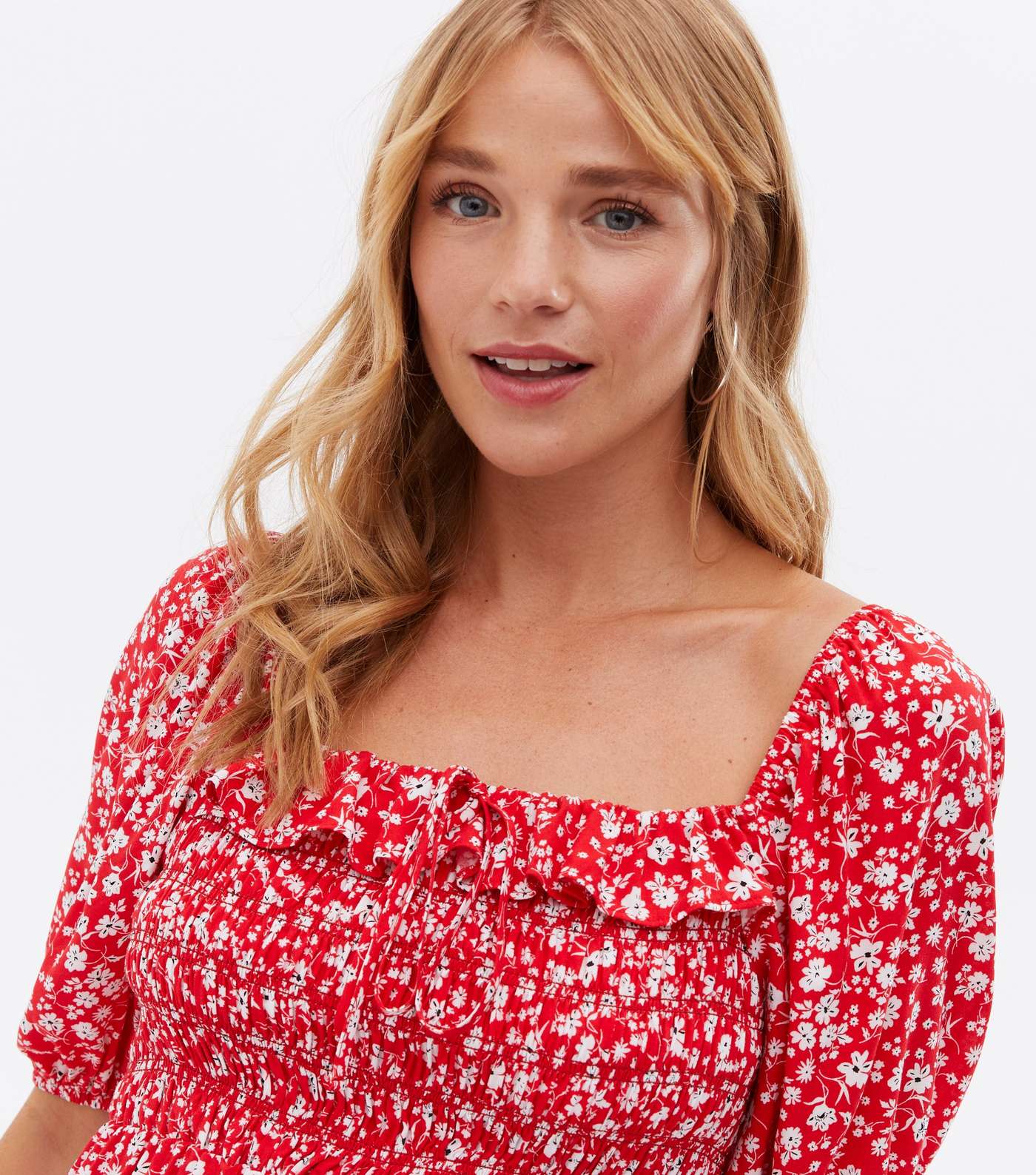 Red Ditsy Floral Shirred Frill Square Neck Playsuit Image 3