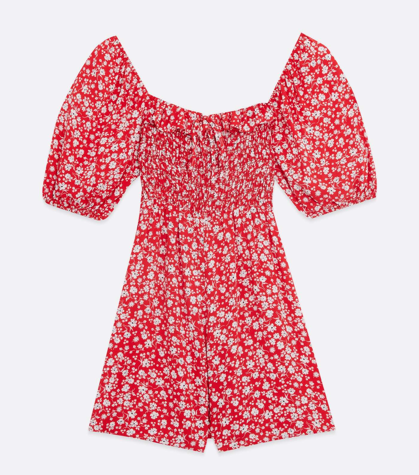 Red Ditsy Floral Shirred Frill Square Neck Playsuit Image 5
