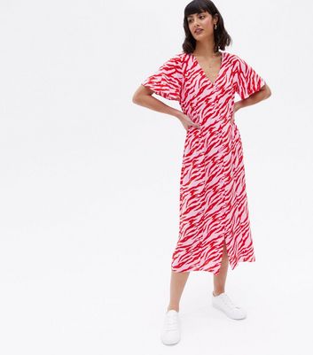 Click to view product details and reviews for Pink Zebra Print Button Front Midi Dress New Look.