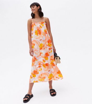 Orange Floral Tiered Strappy Midi Dress 