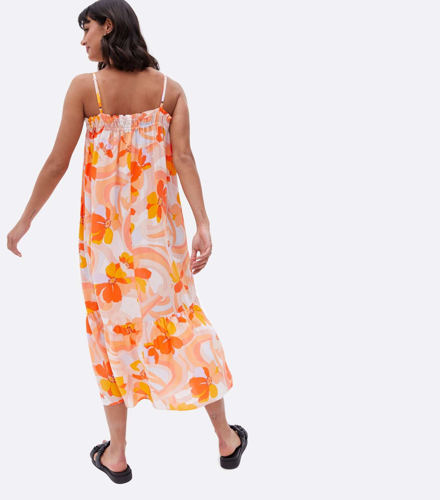 Orange Floral Tiered Strappy Midi Dress Image 4