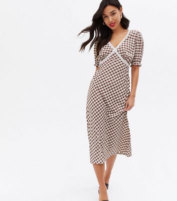 Brown Gingham Lace Trim V Neck Midi Dress New Look