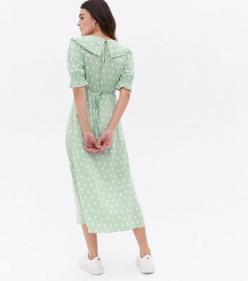 Green Spot Frill Collar Midi Dress New Look