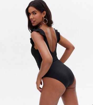 Black Textured Frill Trim Belted Lift & Shape Swimsuit | New Look