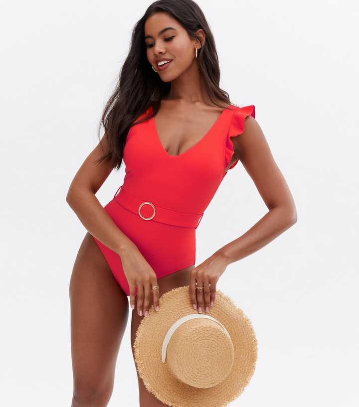 Red Textured Frill Trim Belted Lift & Shape Swimsuit