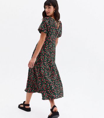 Click to view product details and reviews for Black Strawberry Ruched Tie Back Puff Sleeve Midi Dress New Look.