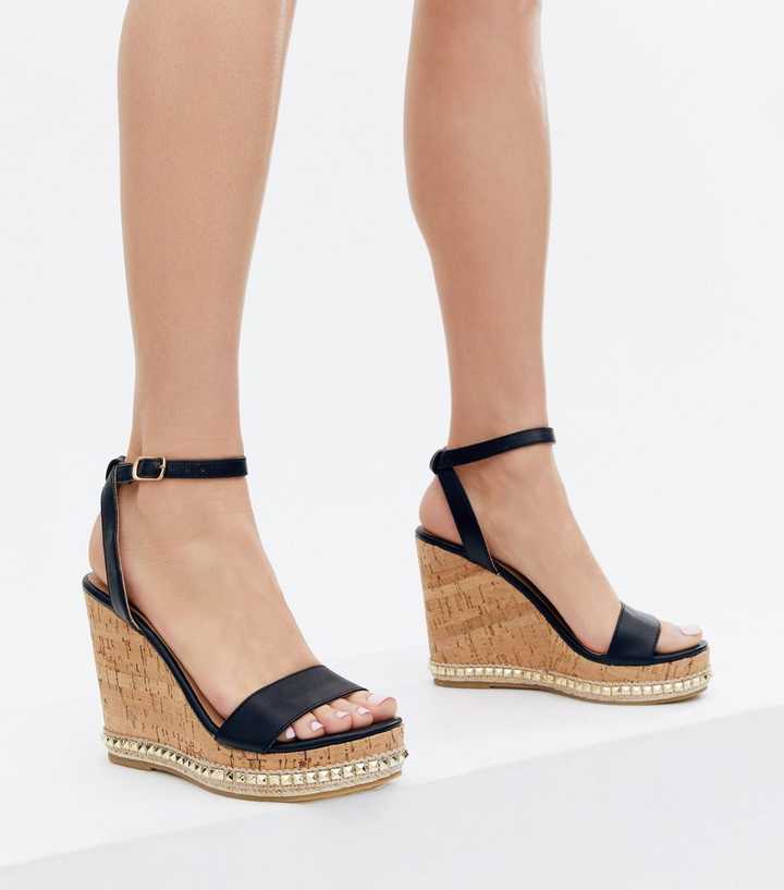 Black Studded Faux Cork Wedge Heel Sandals | New Look