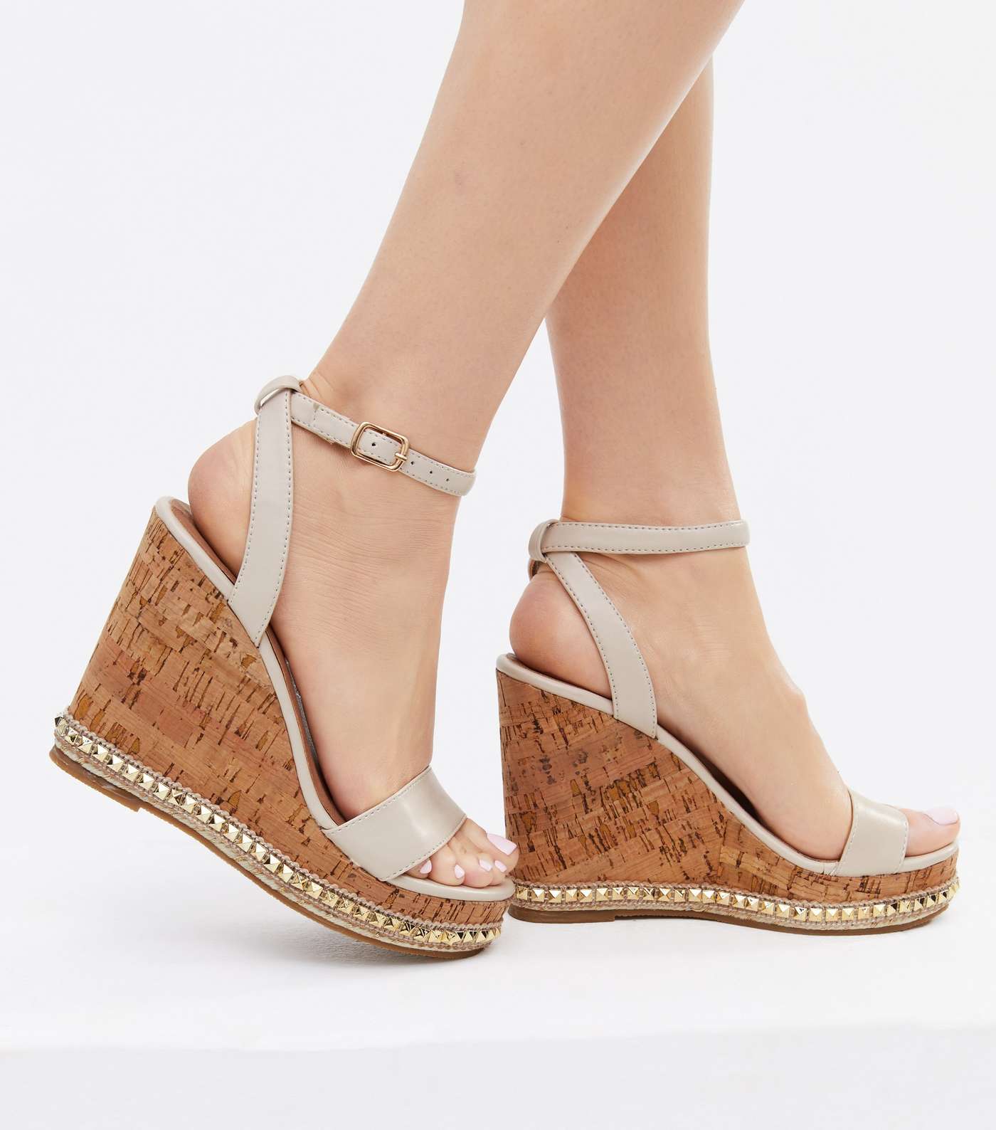 Off White Studded Faux Cork Wedge Heel Sandals Image 2
