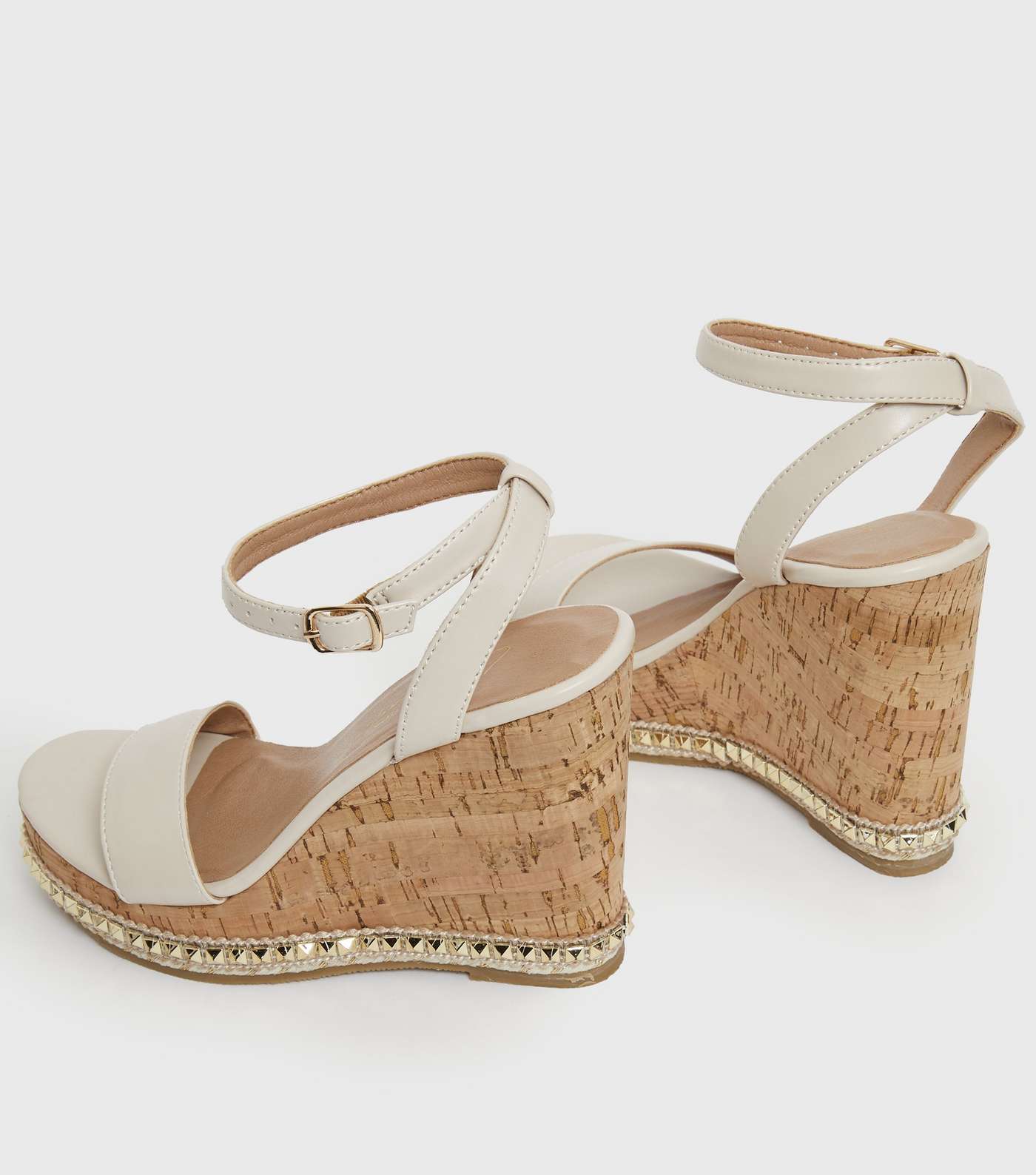 Off White Studded Faux Cork Wedge Heel Sandals Image 4