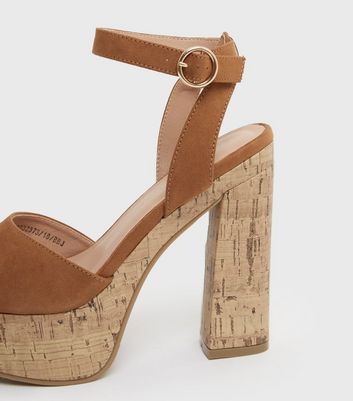 Tan Suedette Cork Platform Block Heel 