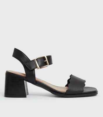 shop for Black Leather-Look Scalloped 2 Part Block Heel Sandals New Look Vegan at Shopo
