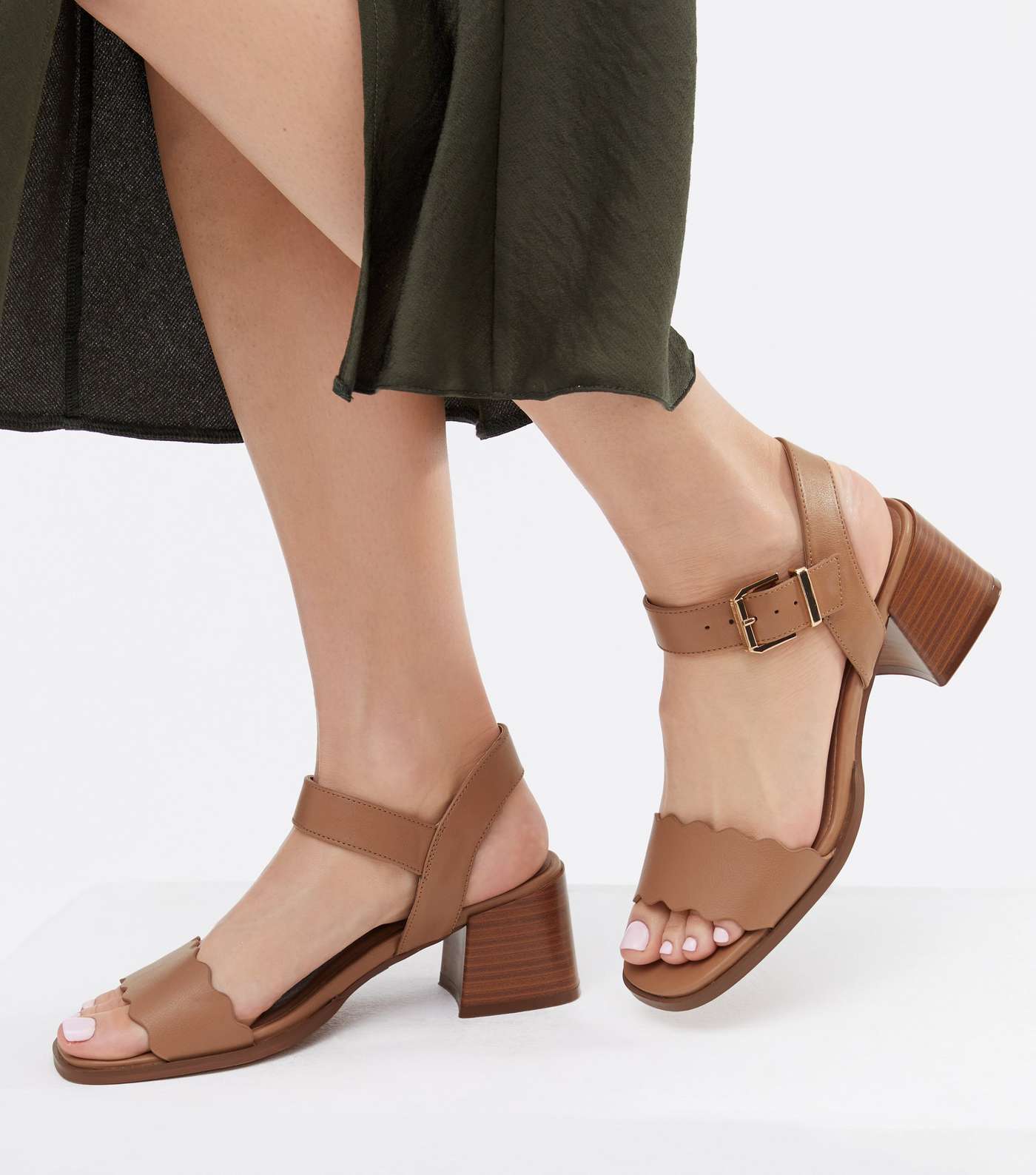 Tan Leather-Look Scalloped 2 Part Block Heel Sandals Image 2