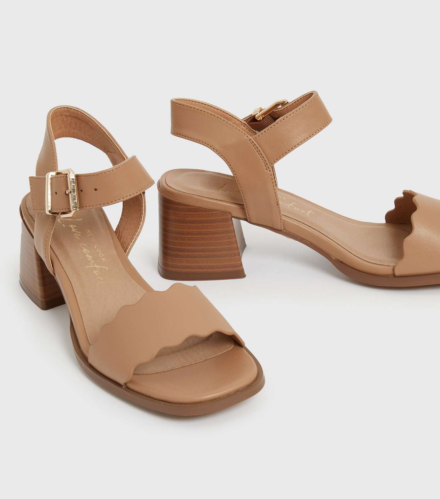 Tan Leather-Look Scalloped 2 Part Block Heel Sandals Image 4