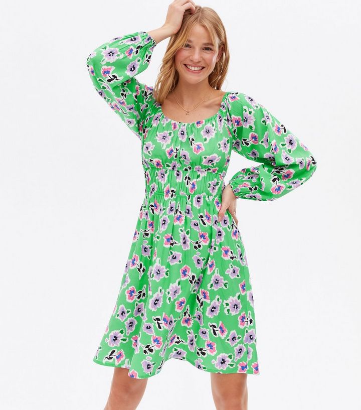 Green Floral Crepe Ruched Long Sleeve Mini Dress