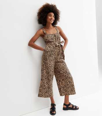 Brown Leopard Print Linen-Look Crop Jumpsuit