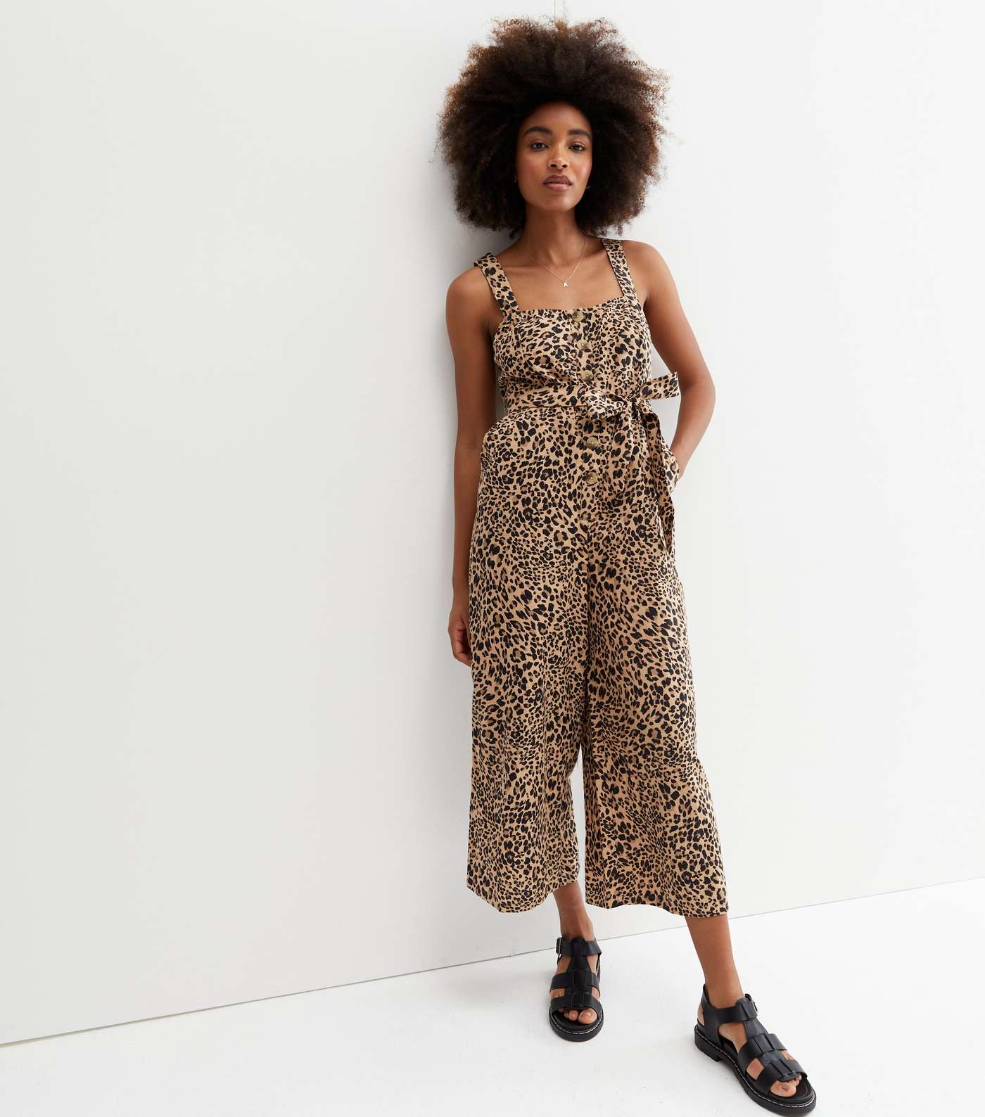 Brown Leopard Print Linen-Look Crop Jumpsuit Image 2