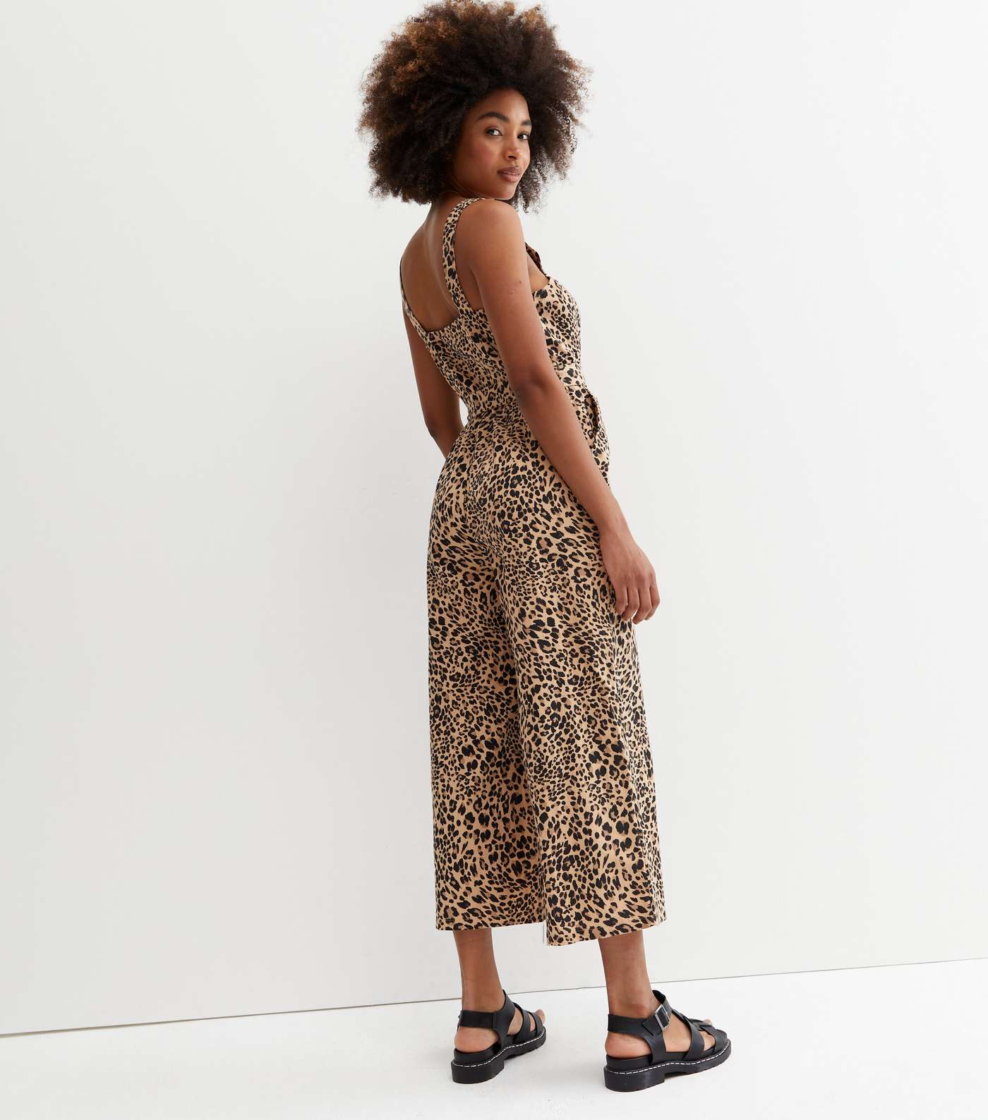Brown Leopard Print Linen-Look Crop Jumpsuit Image 4
