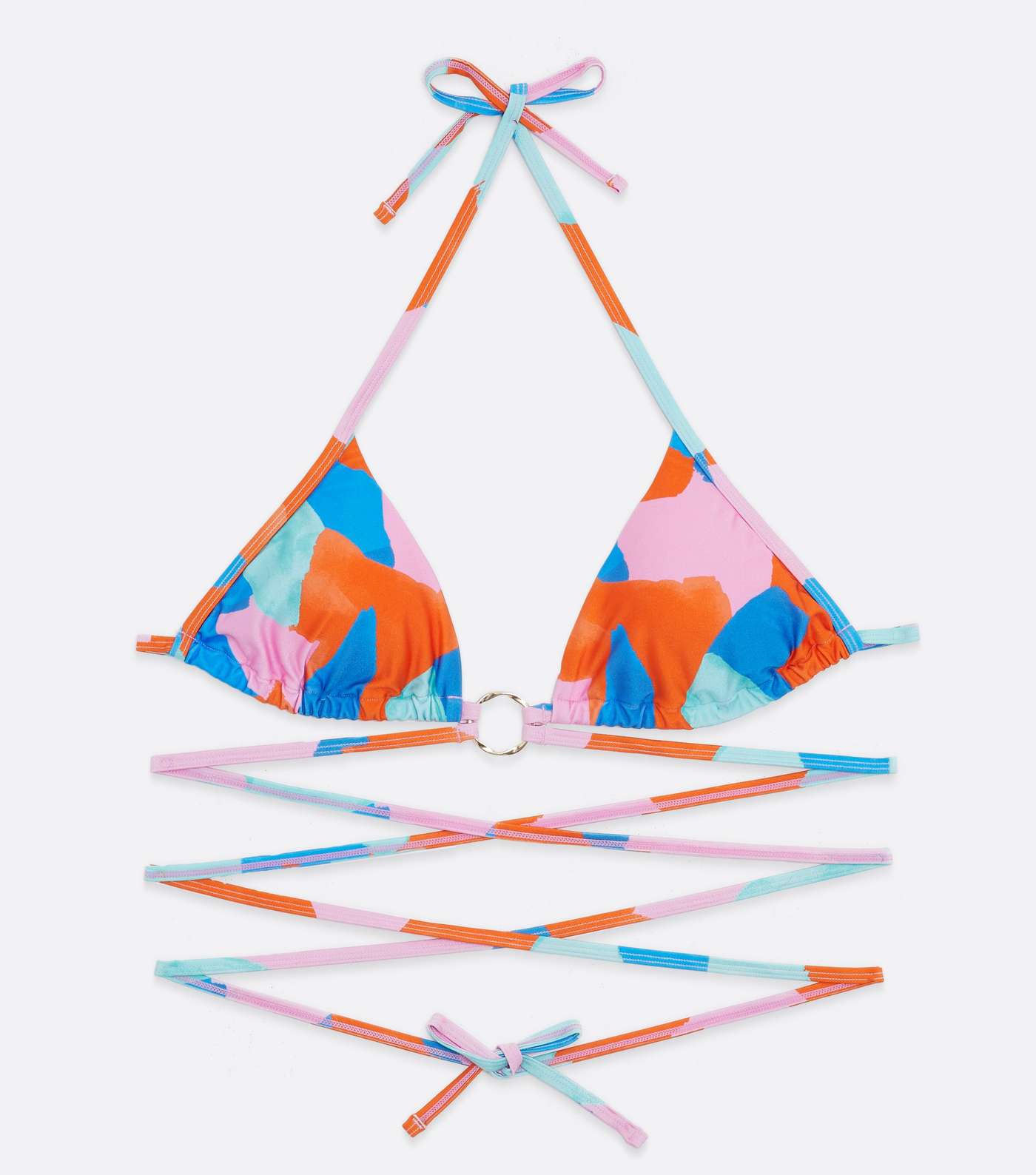 Multicoloured Abstract Strappy Ring Triangle Bikini Top Image 5