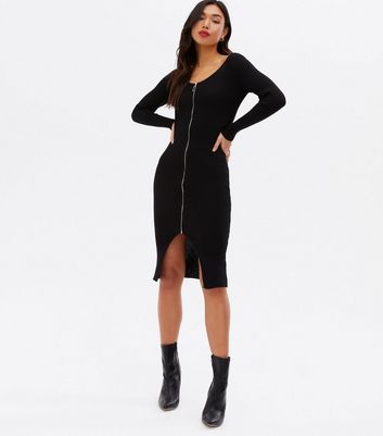 Cameo Rose Black Ribbed Zip Midi Dress 