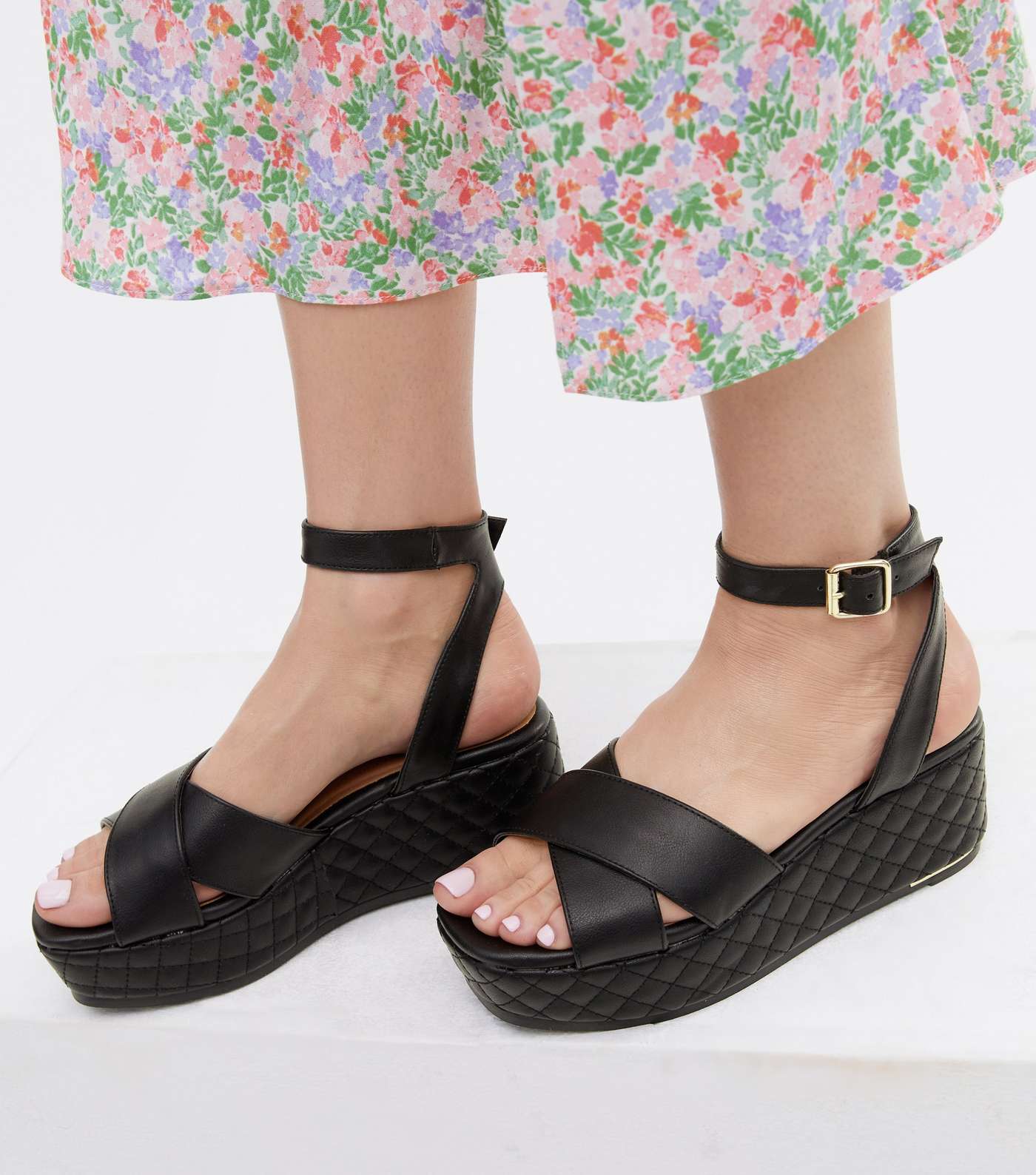 Black Quilted Leather-Look Flatform Sandals Image 2