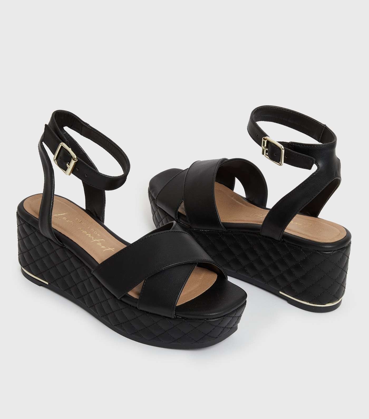 Black Quilted Leather-Look Flatform Sandals Image 4