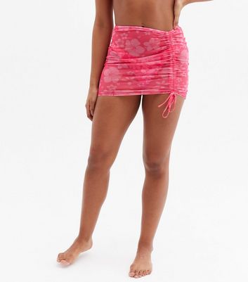 Pink Tropical Floral Mesh Ruched Mini 