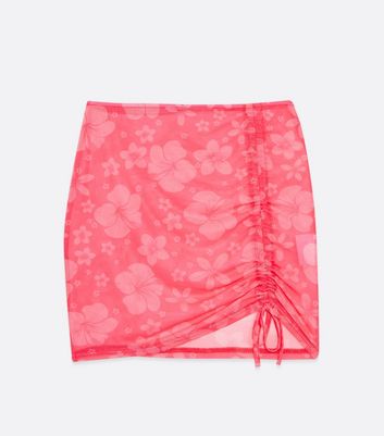 Click to view product details and reviews for Pink Tropical Floral Mesh Ruched Mini Beach Skirt New Look.