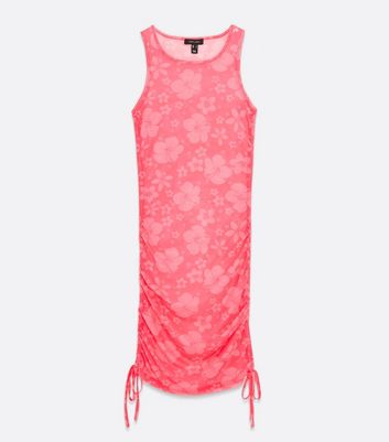 Click to view product details and reviews for Pink Tropical Floral Mesh Ruched Beach Dress New Look.
