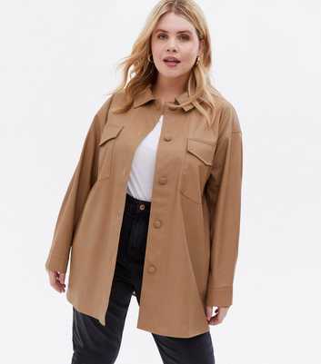 Curves Camel Leather-Look Double Pocket Shacket