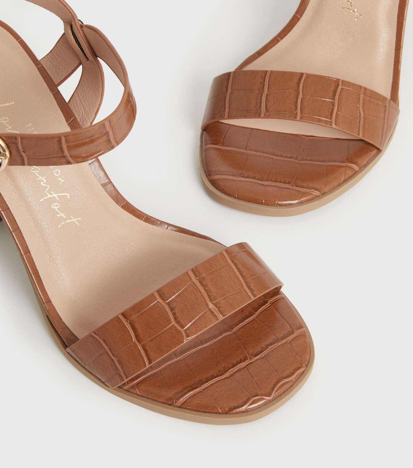 Wide Fit Tan Faux Croc Block Heel Sandals Image 4
