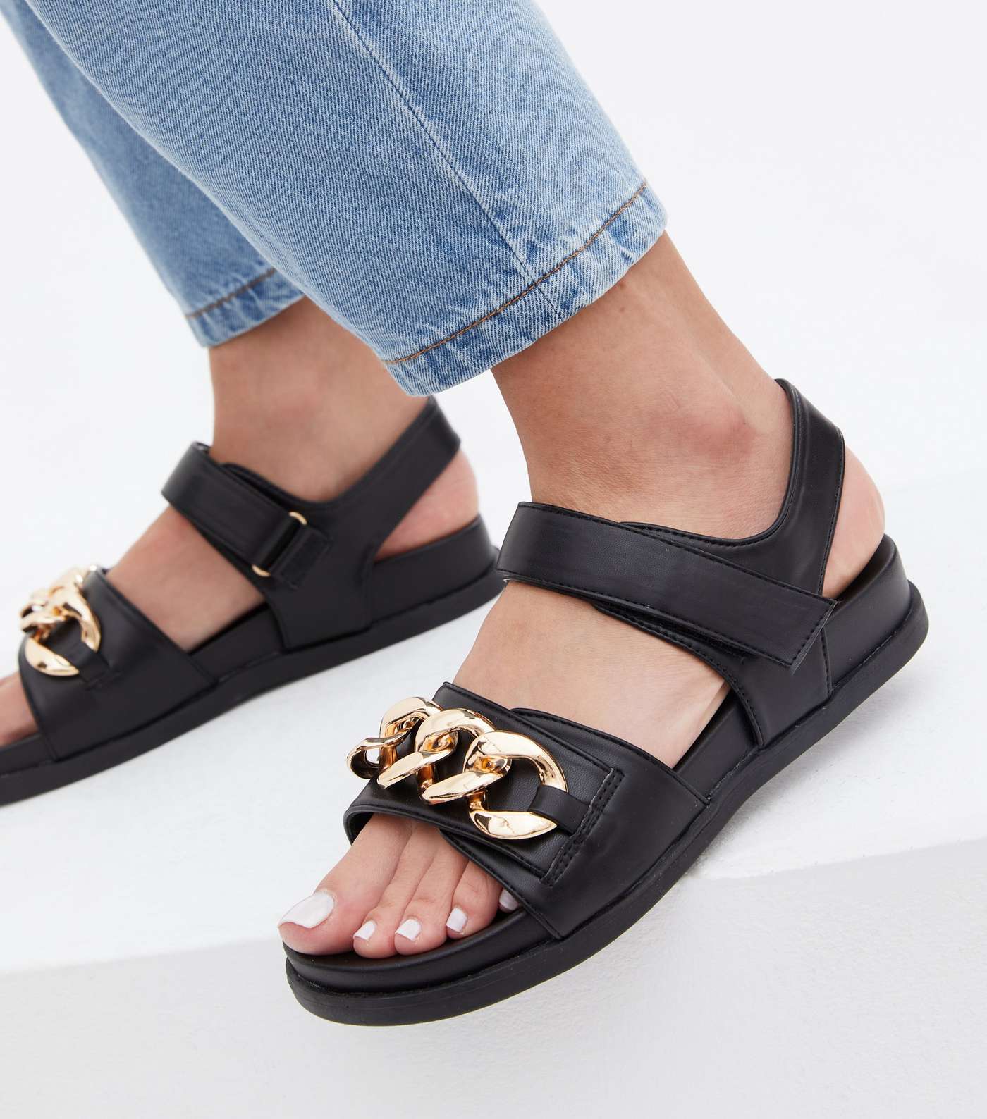 Wide Fit Black Chain Chunky Sandals Image 2