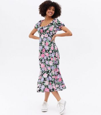 Black Floral Scoop Neck Puff Sleeve 