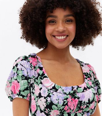 New Look Women's Black Floral Scoop Neck Puff Sleeve Midi Dress - UK 8