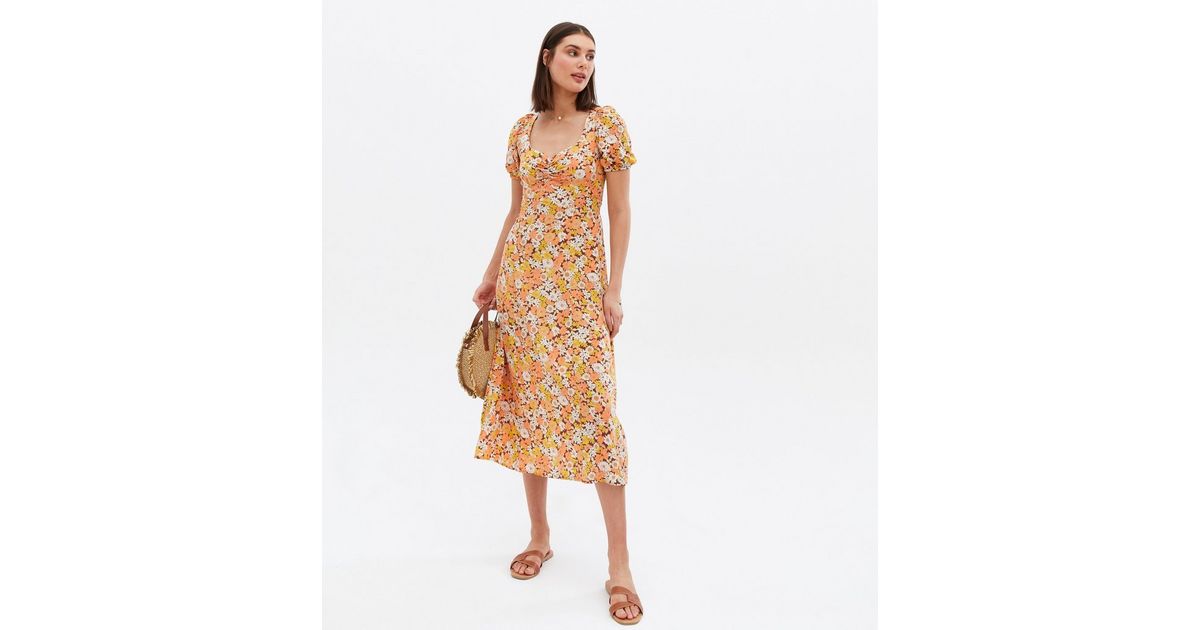 Orange Floral Ruched Front Midi Dress | New Look