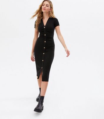 Damen Bekleidung Black Knit Ruched Button Front Collared Midi Dress