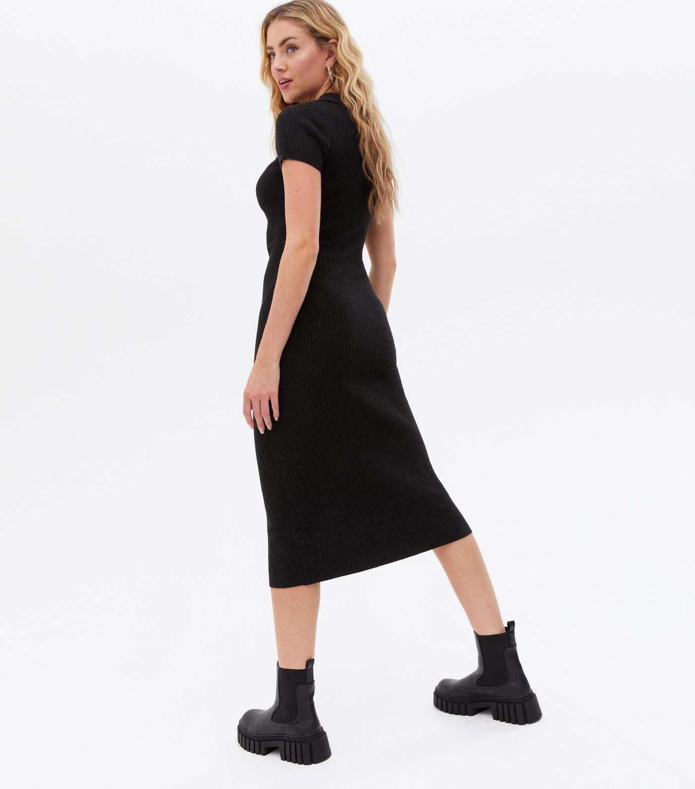 Black Knit Ruched Button Front Collared Midi Dress Image 4