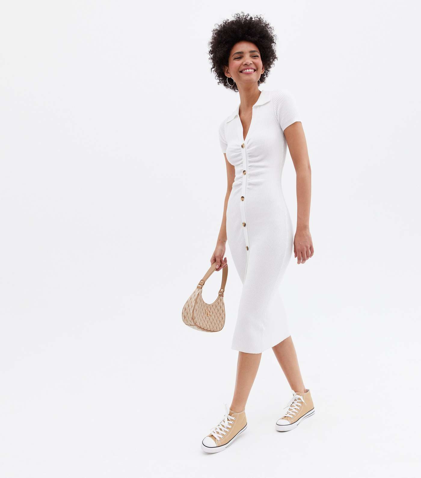 Off White Ruched Button Front Collared Midi Dress Image 3