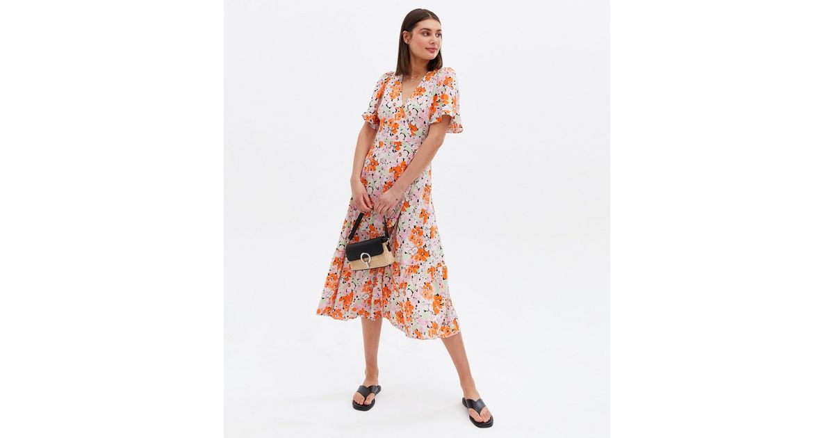 Orange Floral Tiered Midi Wrap Dress | New Look
