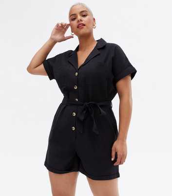 Curves Black Revere Collar Button Front Belted Playsuit