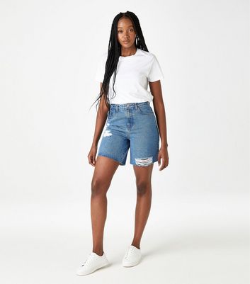 Urban Bliss Blue Denim Ripped High Waist Shorts New Look