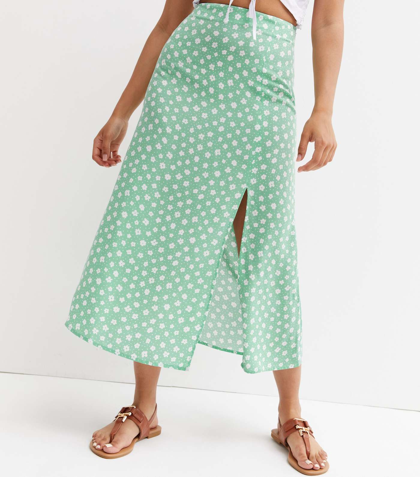 Petite Green Ditsy Floral Split Hem Midi Skirt Image 2