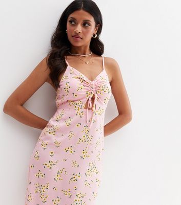 Pink Floral Ruched Tie Front Midi Dress 